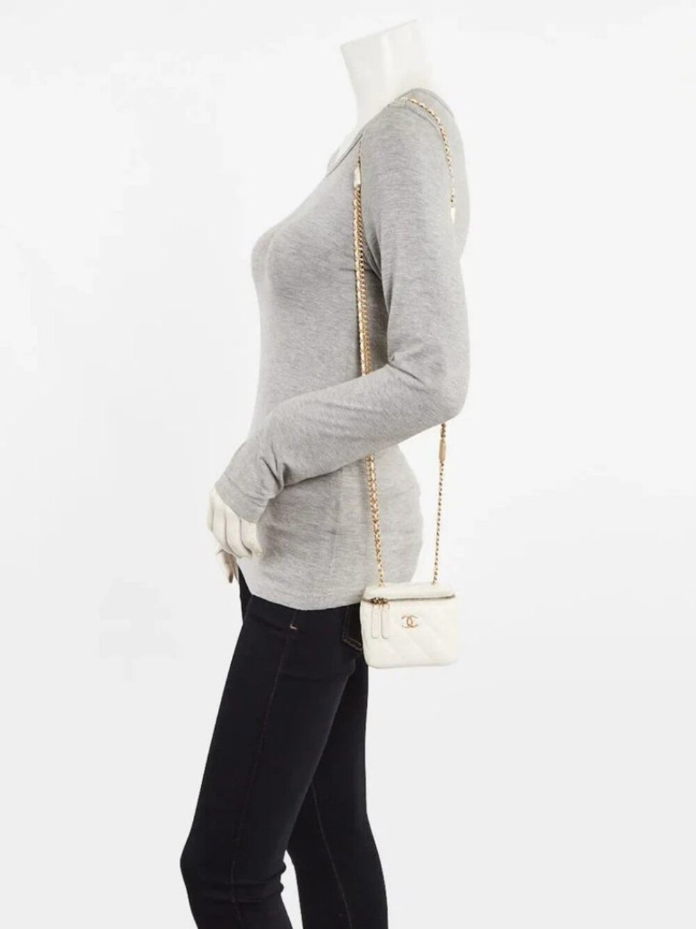 Chanel White Quilted Lambskin Mini Vanity Case With CC Chain Bag
